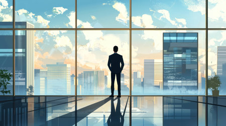Businessman standing in office with panoramic windows and city viewの素材