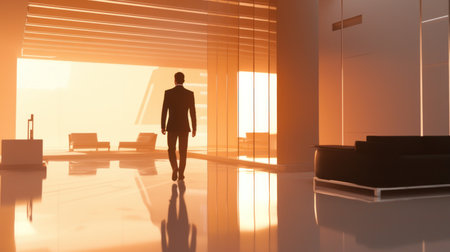 Silhouette of a businessman walking in an office lobby. 3d renderingの素材