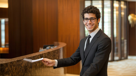 Portrait of a smiling young businessman standing in front of a reception counterの素材
