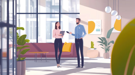 Businessman and businesswoman shaking hands in modern office interior, flat vector illustration.の素材