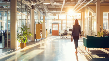 Back view of young businesswoman walking in modern office interior. Business conceptの素材
