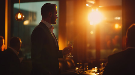 Businessman with a glass of champagne in a night club or restaurantの素材