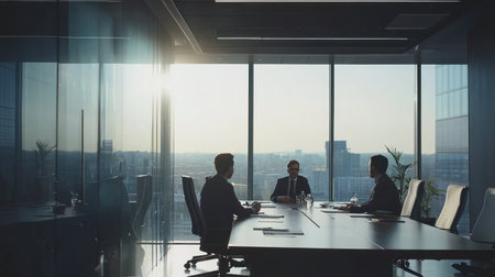 Businessman and businesswoman meeting in modern office with panoramic windows.の素材