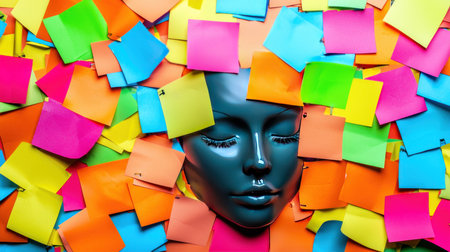 Mannequin face with colorful sticky notes as a background. 3D illustration.の素材