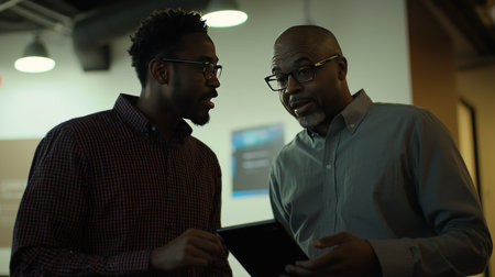 Side view of two African American businessmen discussing over digital tablet in officeの素材