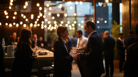 Business people having a meeting in a night club. Businessman and businesswoman having a discussion in a night club.の素材