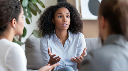 Young african american woman talking to psychologist at therapy session. Psychotherapy session conceptの素材
