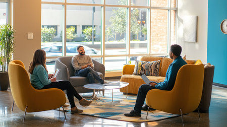 Multiethnic startup business team on meeting in modern bright office interior brainstorming, working on laptop and tablet computerの素材