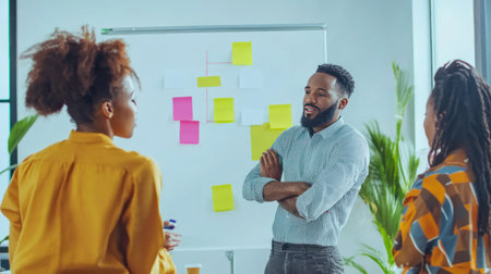 selective focus of multicultural businesspeople standing near flipchart with sticky notesの素材