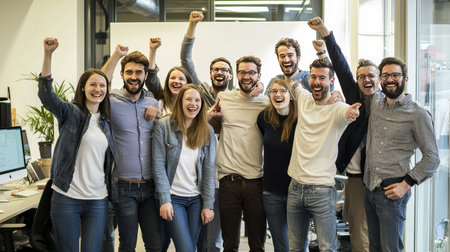 Group of happy business people celebrating success with arms raised in the officeの素材