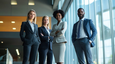 Portrait of confident business people standing with arms crossed in modern officeの素材
