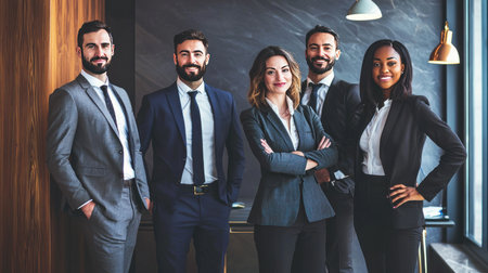 Portrait of confident businesspeople standing with arms crossed in modern officeの素材