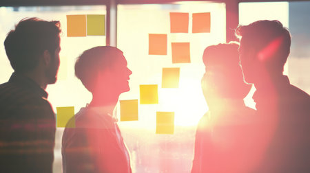 Business people discussing over sticky notes on glass wall during meeting in officeの素材