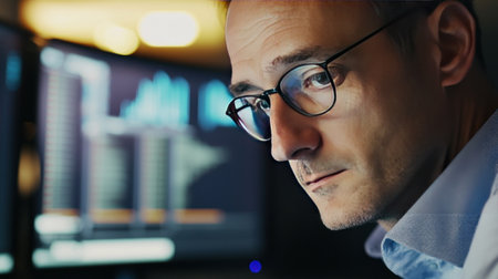 Portrait of mature businessman in eyeglasses looking at camera while working in officeの素材