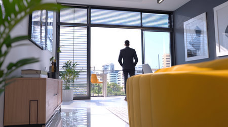 Businessman standing in modern office lobby and looking out the window.の素材