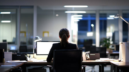 Back view of young businesswoman working on computer at night in officeの素材