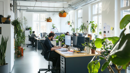 Portrait of a young businessman working on computer in modern office.の素材