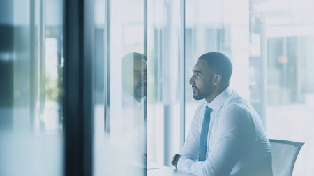Young african american businessman sitting at office desk and looking out the windowの素材