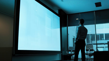 Businessman looking at the screen of a large monitor in the officeの素材