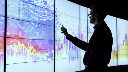 business, people and technology concept - close up of businessman pointing finger at virtual screen with forex chartの素材