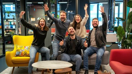 Group of happy young people celebrating success while sitting in armchair at officeの素材