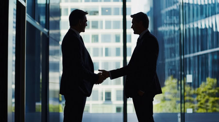 Businessmen shaking hands in front of a window in a modern officeの素材