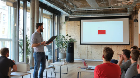 startup business people group on meeting in modern bright office interior brainstorming, working on laptop and tablet computerの素材