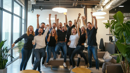 Group of happy young people celebrating and dancing together in a modern officeの素材