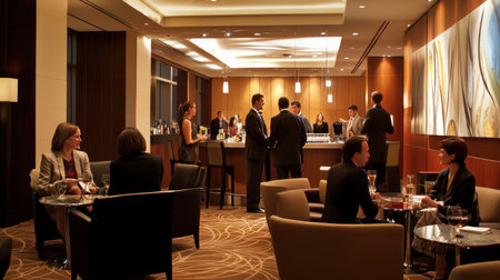 Luxury hotel lobby interior with people interacting and sitting at tablesの素材