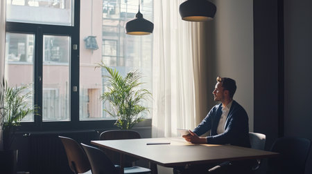 Side view of young businessman using digital tablet while sitting at table in officeの素材