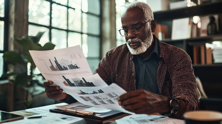 Cheerful senior African-American businessman working with documents in officeの素材