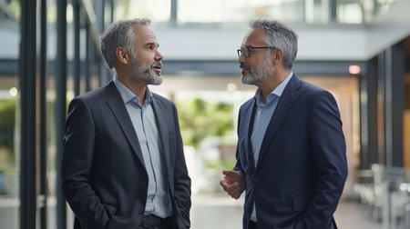 Mature businessmen talking to each other in corridor of modern office buildingの素材