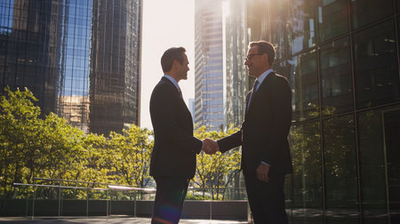Two businessmen shaking hands in front of modern office building. Business meeting concept.の素材