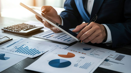 Businessman analyzing investment charts with tablet. Accounting,investment concept.の素材
