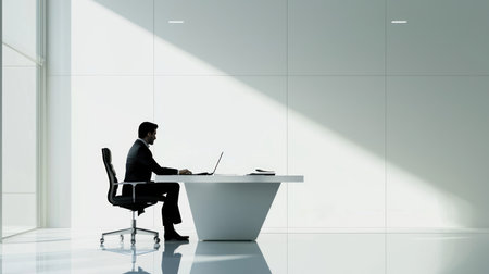 Silhouette of a businessman sitting at his desk in an officeの素材