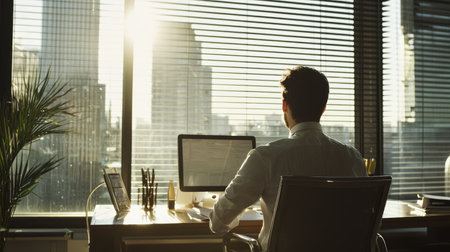 Back view of a businessman sitting at his desk in an office and looking out the windowの素材