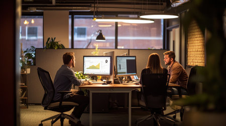 Young business people working together on computer at night in creative office.の素材