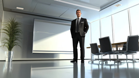 Businessman standing in modern office and looking at camera. 3d renderingの素材