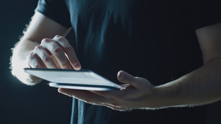 Man using digital tablet. Close up of male hands using tablet.の素材