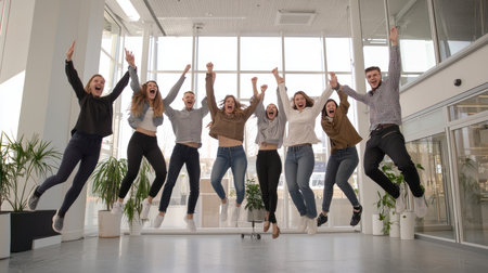 Group of happy young business people jumping and having fun in modern officeの素材