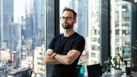Confident businessman standing in office with arms crossed and looking at cameraの素材