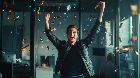 Excited young businessman celebrating success in office with confetti. Celebrating New Year or Christmas.の素材