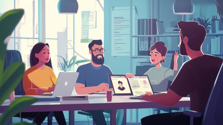 People working at office. Teamwork concept. Vector illustration in cartoon styleの素材