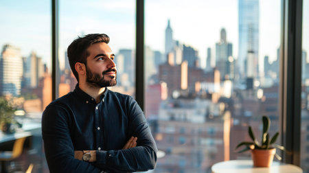 Portrait of a handsome bearded man standing with arms crossed in the officeの素材