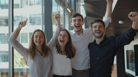 Group of happy young business people in smart casual wear having fun and dancing at modern office.の素材
