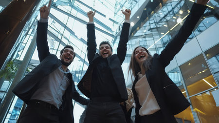 excited business people raising hands up and celebrating success in modern officeの素材