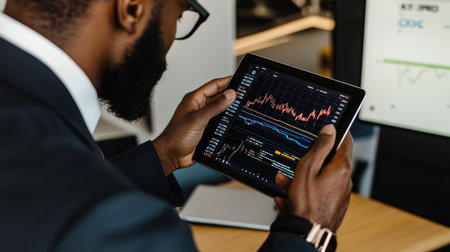 cropped view of african american trader using digital tablet with trading graph on screenの素材