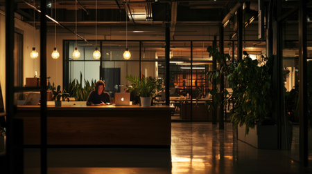 Young businesswoman working on laptop computer in modern office at night.の素材