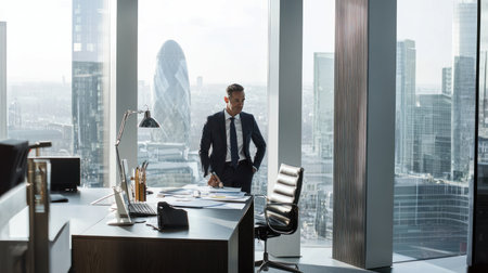 Businessman sitting at his desk in an office with a city viewの素材
