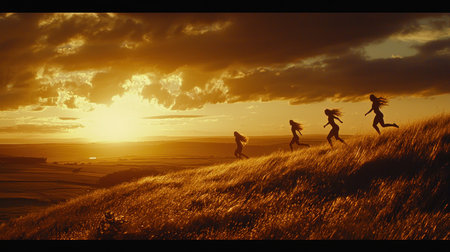 Silhouette of a group of women running on a hill at sunsetの素材